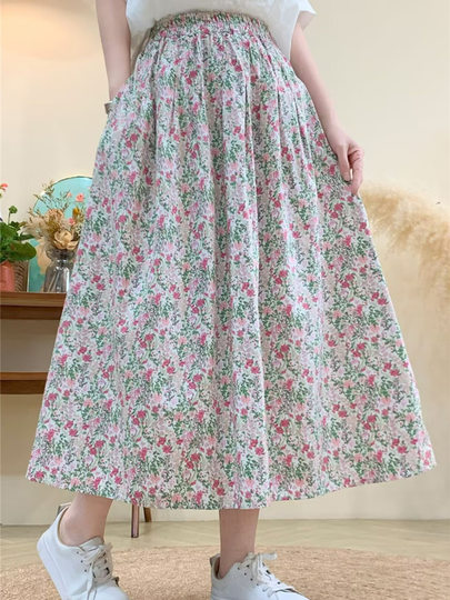 2025 New Literary Pure Cotton Printed Skirt Small Floral Versatile Small High Waist Big Swing A-Line Midi Skirt