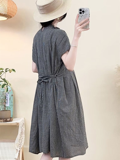 Black and White Checkered Cotton and Linen Hand-Pleated Ruffle Collar Tie Loose Dress for Women, Knee-Length Midi Dress for Petite Women