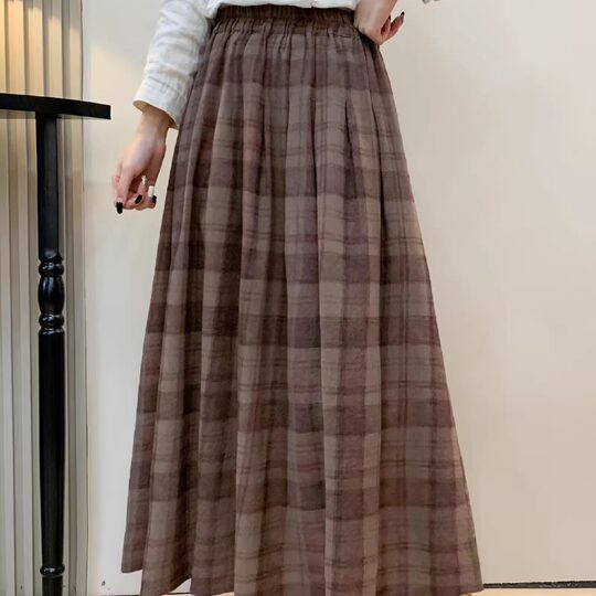 2026 Spring New Cotton and Linen Plaid Skirt for Women, Versatile Artistic Retro Long Skirt, Loose Casual A-Line Skirt