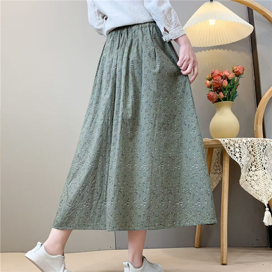 2025 New Style Artistic Cotton and Linen Printed Skirt, Small Floral Versatile High-Waisted Flared A-Line Mid-Length Skirt for Petite Figures