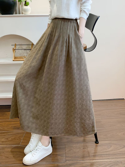Vintage Jacquard Cotton Midi Skirt, Loose, Artistic, Versatile, Mid-Length, Slimming, Drapey A-Line Skirt for Women with Pockets
