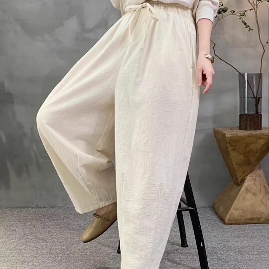 Cotton and Linen Long Pants for Women, Spring and Autumn Loose Wide-Leg Harem Pants, 2026 New Style, Plus Size, Slimming Dad Pants
