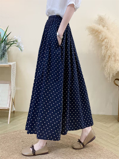 Original Artistic Cotton and Linen Polka Dot Skirt for Women, Drapey and Versatile, Cotton A-Line Skirt, Mid-Length, Petite Long Skirt