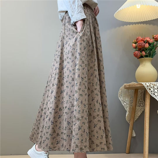 2025 New Style Artistic Cotton and Linen Printed Skirt, Small Floral Versatile High-Waisted Flared A-Line Mid-Length Skirt for Petite Figures