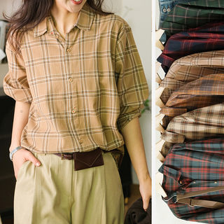 2025 Spring New Style Pure Cotton Plaid Shirt Long-Sleeved Loose and Versatile Retro Artistic Casual Cotton Top for Women