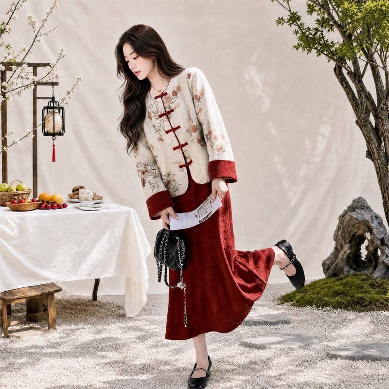 New Chinese-Style Buttoned Outfit for Women 2026 Spring and Autumn New Red Jacket and Skirt Two-Piece Set Elegant and Trendy Outfit New Chinese-Style Buttoned Outfit for Women 2026 Spring and Autumn New Red Jacket and Skirt Two-Piece Set Elegant and Trendy Outfit