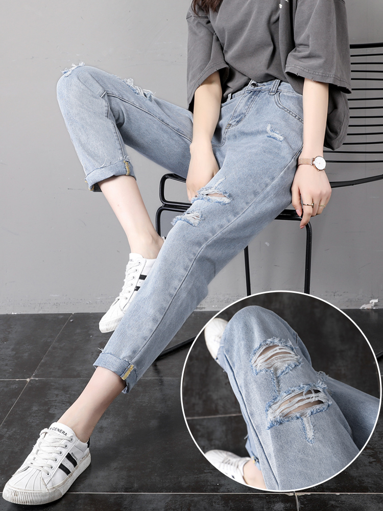 Jeans 2021 new small feet hole pants women's loose summer thin nine-point straight pants daddy women's pants