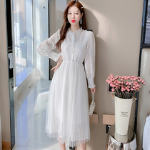 Long-sleeved lace dress childrens summer dress 2021 new round neck silk waist thin temperament mesh skirt