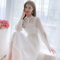 White long-sleeved round neck lace dress childrens summer 2021 new fairy super forest mesh skirt