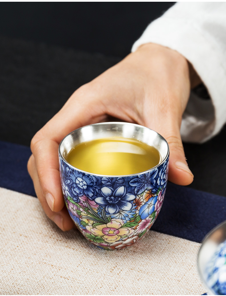 In floor sample tea cup ceramic cups household kung fu tea master cup single CPU colored enamel coppering. As silver cups