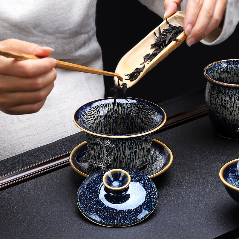 Hole hid floor jingdezhen ceramic inlaid with silver GaiWanCha implement three only a cup of tea bowl of kung fu tea accessories for tea