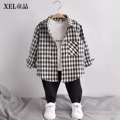 Children's shirt boys 2021 spring and autumn boys Black Plaid long sleeve shirt baby cotton linen coat Spring