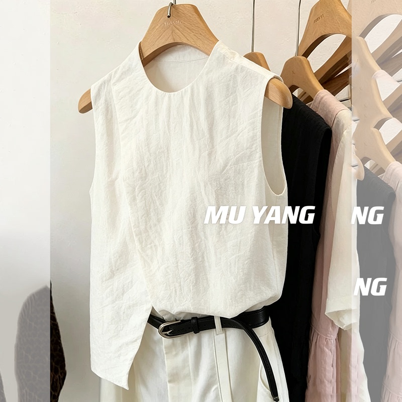 French Retro Chic Linen White Niche Shirt Design Textured Vest Chic Sleeveless T-Shirt Top for Women