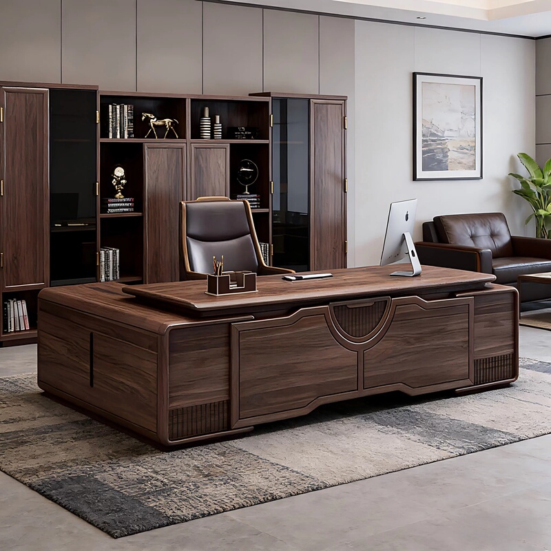 New Chinese-Style Boss's Desk, Black Walnut Wood, High-End Executive Office, Modern, Simple and Elegant Solid Wood Executive Desk