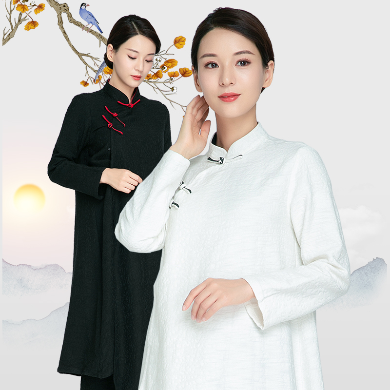 Wunon Spring Autumn New Tai Chi Dress Lady China Wind Tang Dress Hanfu Ancient Dress Disc Buckle Jacquard Cotton Numb Qipao