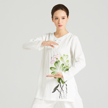 Flax hand-painted Taiji clothing autumn Hanfu costume long sleeve T-shirt female practice clothing Taiji clothing womens suit