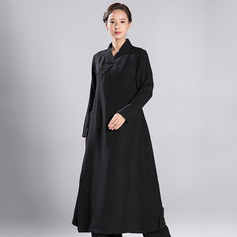 2021 Wunong summer new Tai chi clothes for men and women long version of the robe oblique collar jacket linen coat robe