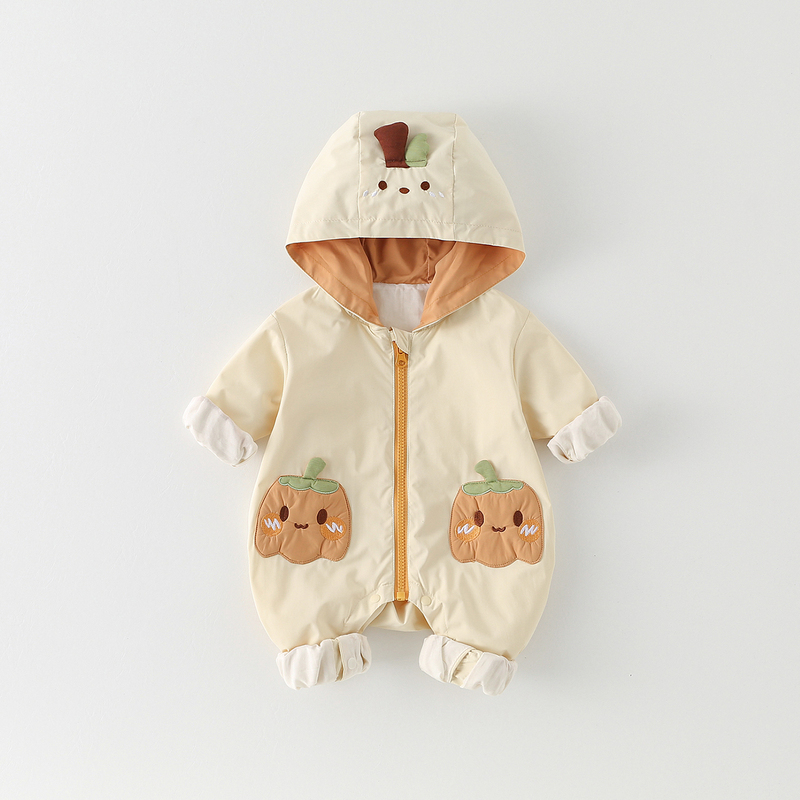 Baby Spring and Autumn Jumpsuit, Unisex Baby Pumpkin Windbreaker Jacket, Newborn Hooded Windproof Outdoor Crawling Suit