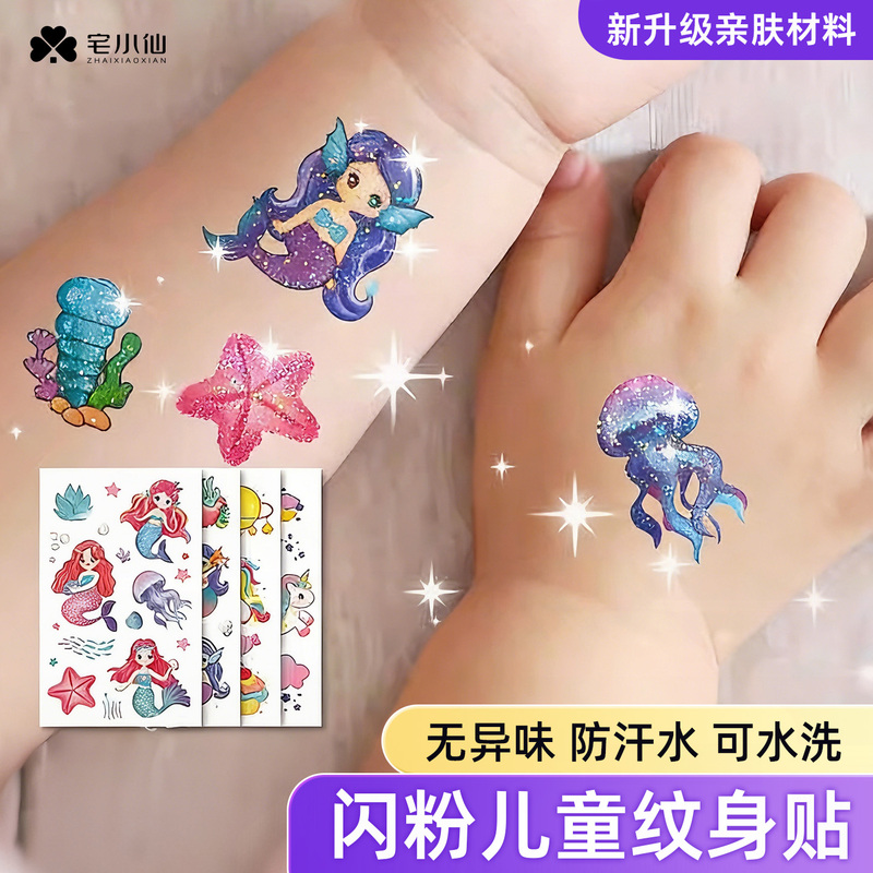 Glitter Tattoo Stickers for Kids, Mermaid Cartoon, Cute Unicorn, Hand-Drawn Style, Colorful Reward Stickers, Arm Painting, Waterproof, Long-Lasting, for Little Girls, Watch Toys, Odorless, Safe, Washable