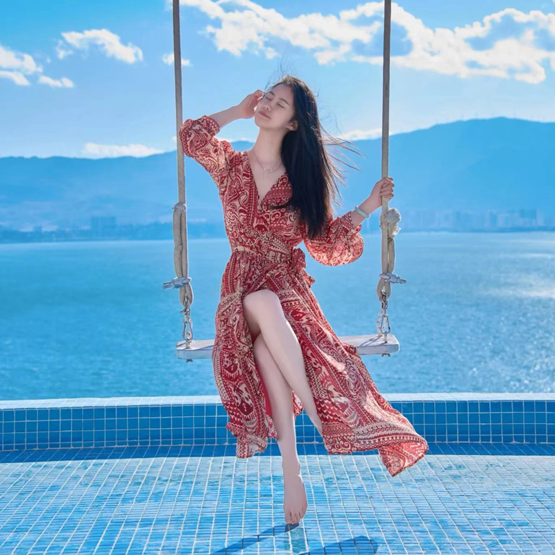 Beach Vacation Dress, High-End Travel Outfit, Bohemian One-Piece Long Dress, Elegant Red Dress for Women