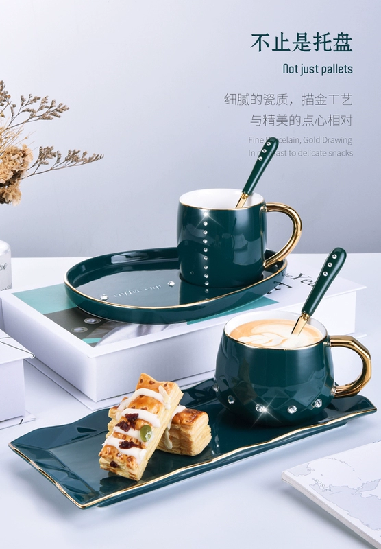 Taolixuan Hộ gia đình nhỏ ly cà phê sơn mài sang trọng và bộ đĩa kim cương Cốc trà chiều đơn giản với thìa - Cà phê