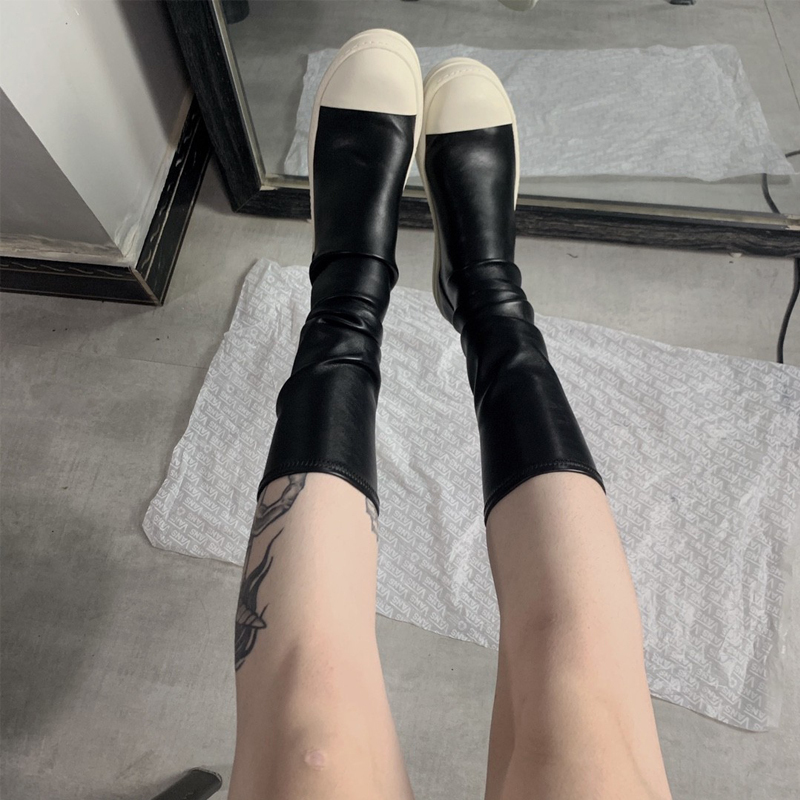 Women's Mid-Calf Elastic Boots, Height-Increasing Thick-Soled Genuine Leather Boots, Below-The-Knee Flat Slim Boots, Petite Women's Short Boots