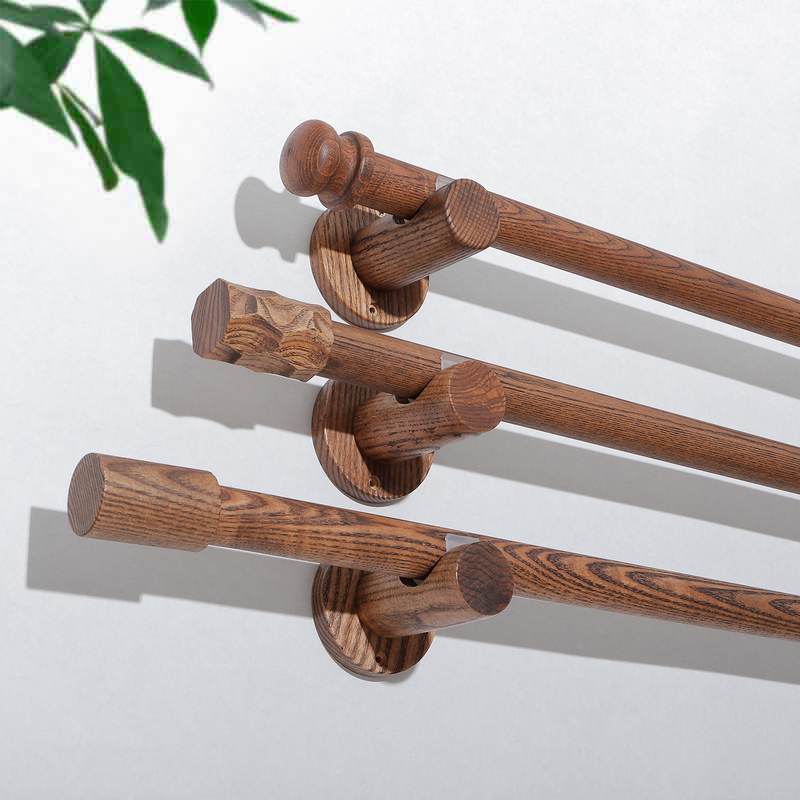 Solid Wood Simple Roman Rod Single/Double Curtain Rod Side-Mounted Bedroom Living Room End Cap Telescopic Natural Wood Bracket Walnut Color