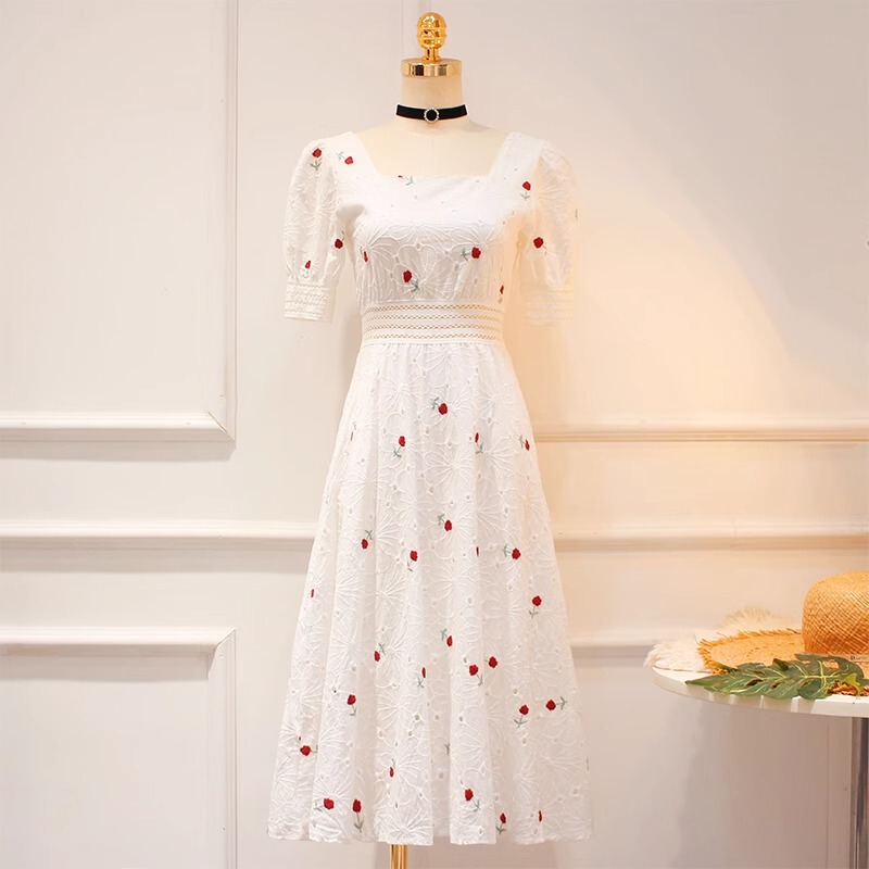 Summer French Square-Neck Puff-Sleeve Mid-Length Dress with Embroidered Hollow Design, Waist-Cinching, Slimming and Elegant Floral Dress Summer French Square-Neck Puff-Sleeve Mid-Length Dress with Embroidered Hollow Design, Waist-Cinching, Slimming and Elegant Floral Dress