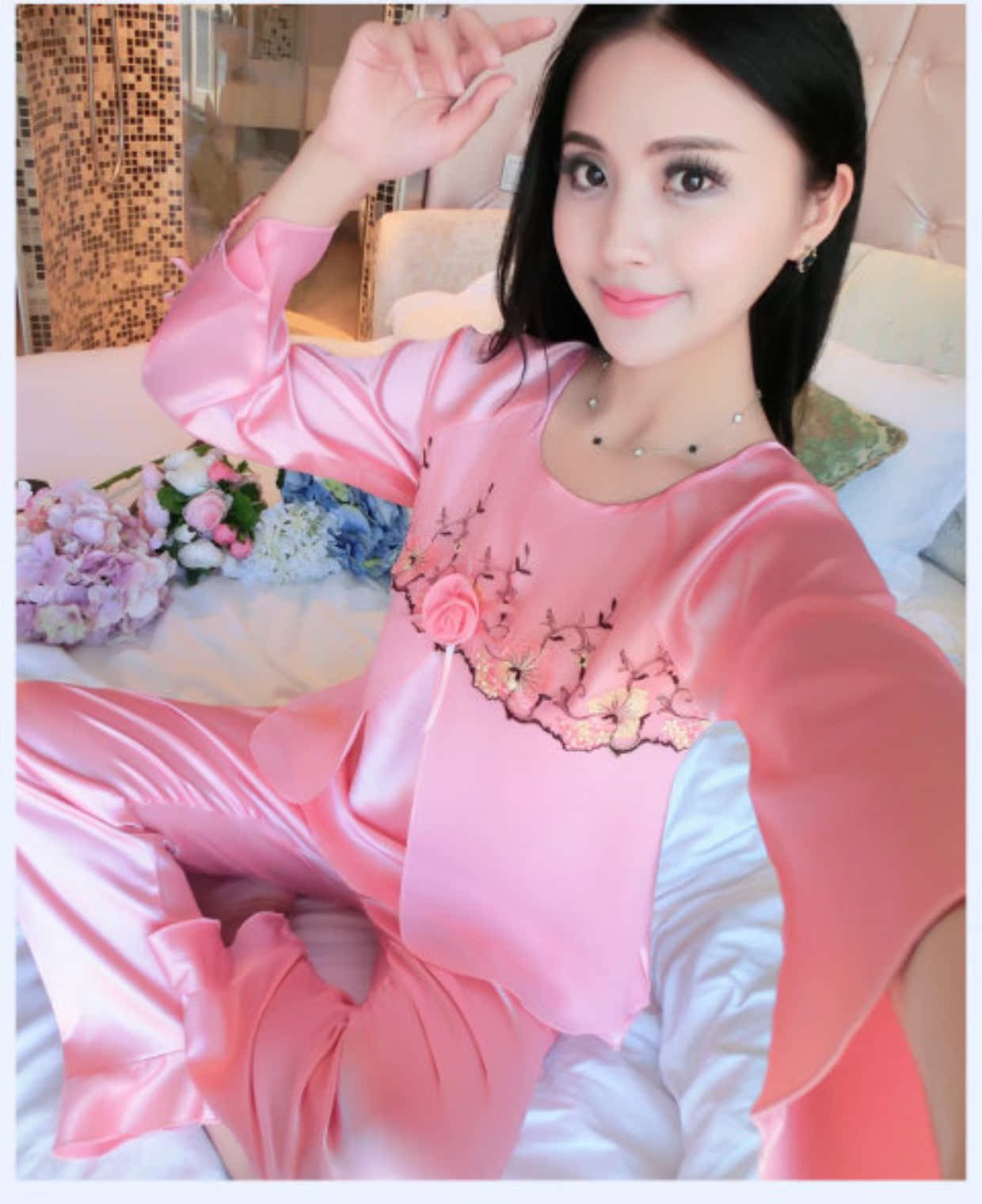 Bộ đồ ngủ nữ dài tay mùa xuân hè áo kiểu trung niên