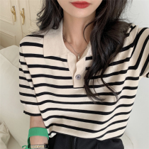 Cat Owl Small Elephant Large Code Womens Dress Striped Blouse Blouse Women Summer Retro Polo Collar Short Sleeve T-Shirt Loose Ice Silk Knit