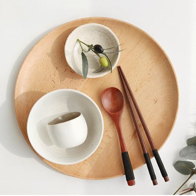 South Korea eats pland with Japanese gold and black line solid wood stirring meal with pulled face long handle spoon chopstick fork