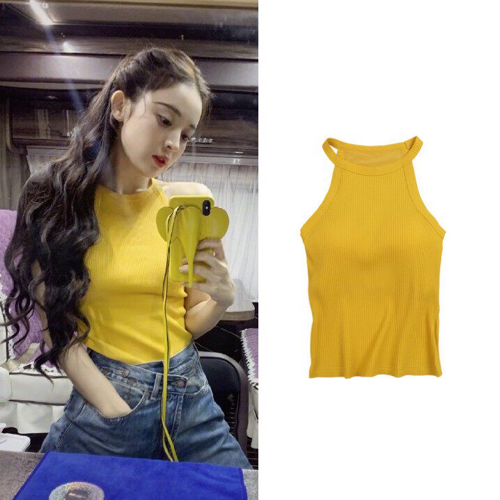 Gulinaza with the same yellow suspender chest pad ribbed hanging neck suspender base outside wear inside slim slim tank top