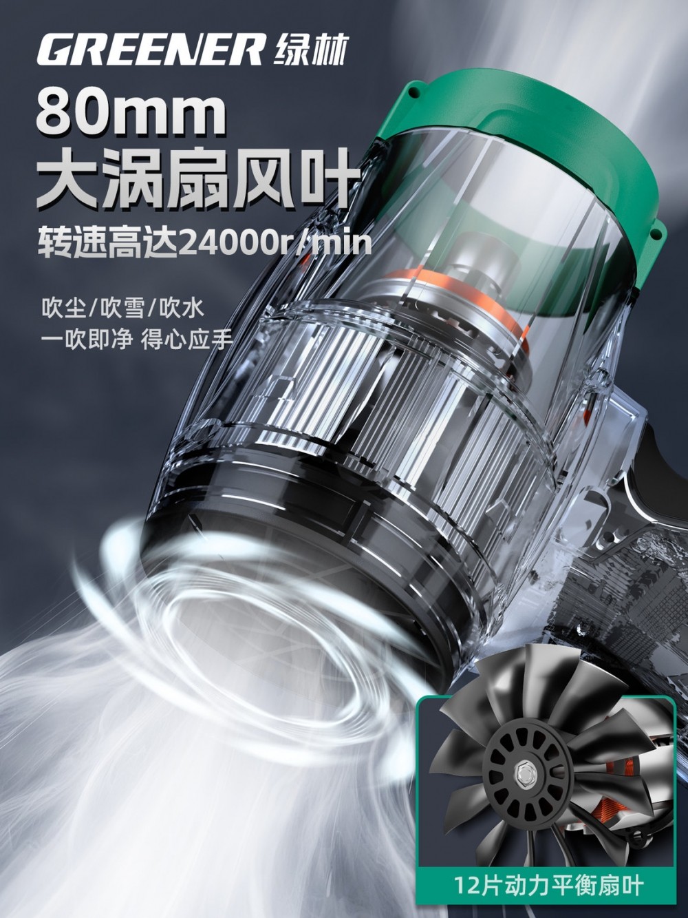 Green Forest 80 Ducted Violent Turbofan Brushless Lithium Battery High-Speed Handheld Blower for Blowing Snow, Washing Cars, Blowing Water, and Dust Removal