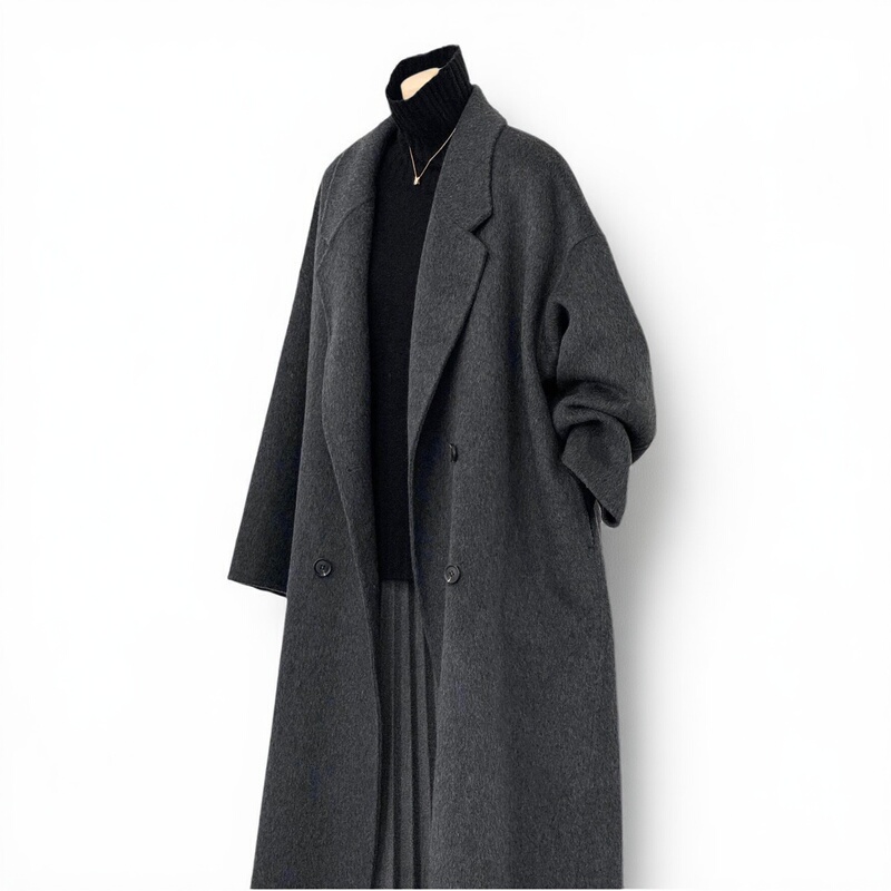 Black and Gray Double-Sided Cashmere Coat for Women 2025 Autumn and Winter New Mid-Length Korean Style Loose High-End Woolen Coat