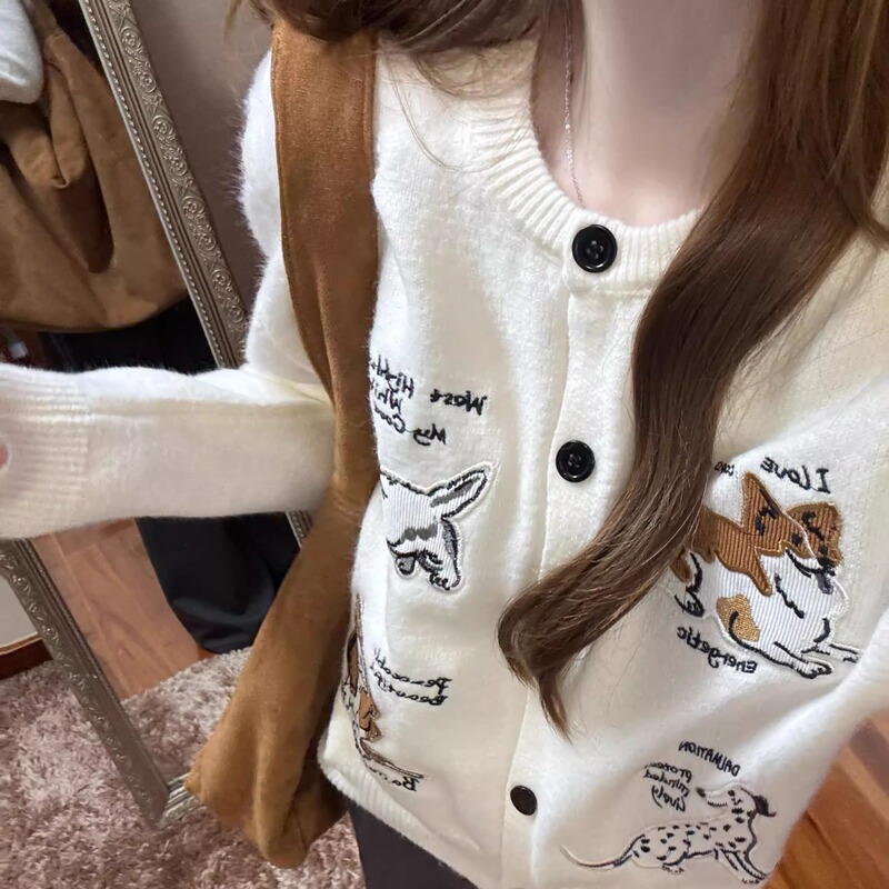Korean Style Puppy Embroidered Sweater Jacket for Women 2026 Early Autumn Loose Casual Versatile Knitted Cardigan Top Korean Style Puppy Embroidered Sweater Jacket for Women 2026 Early Autumn Loose Casual Versatile Knitted Cardigan Top