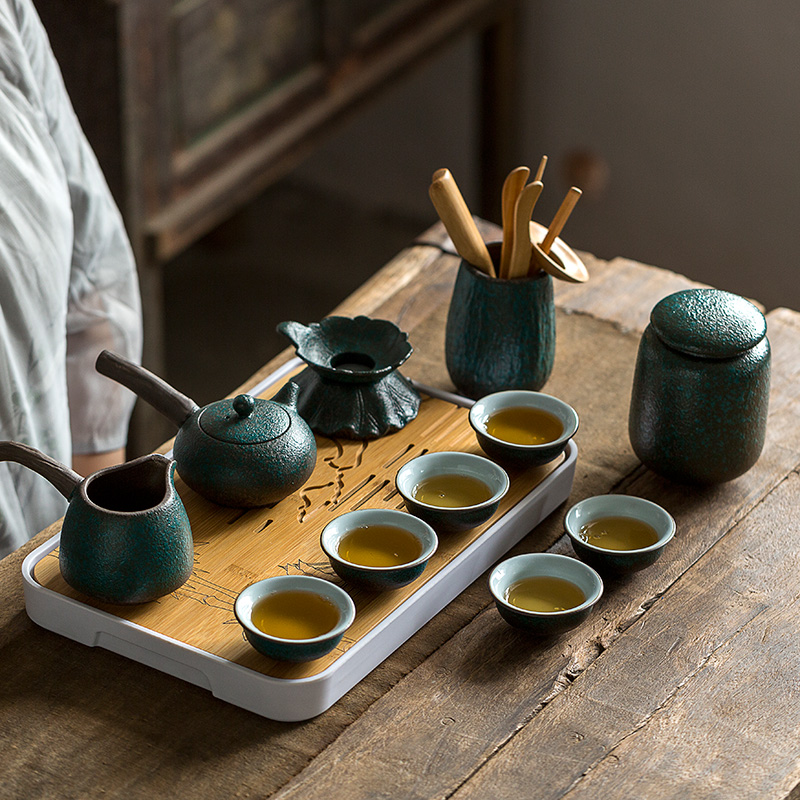Jun ware moss coarse pottery kung fu tea set suit creative Japanese household ceramic teapot tea tray of a complete set of restoring ancient ways suit