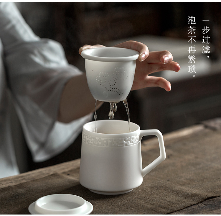 Jun ware dehua white porcelain teacup unglazed ceramic separation tea cups of tea a cup of tea cup cup office cup with cover