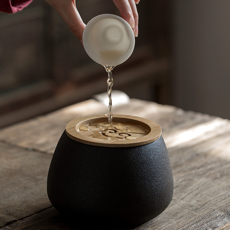 Jun ware built black pottery tea wash water, after the zen with cover ceramic tea set tea cylinder parts of household hot Japanese bucket