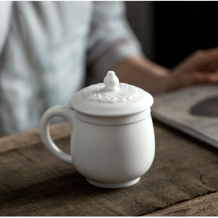 Jun ware dehua white porcelain teacup unglazed office glass ceramic tea cup large - capacity water cup with cover individual cup