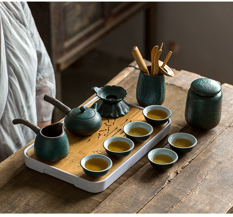 Jun ware moss coarse pottery kung fu tea set suit creative Japanese household ceramic teapot tea tray of a complete set of restoring ancient ways suit