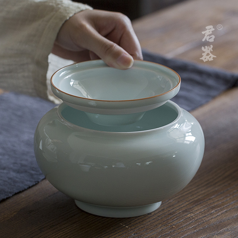 Jun ware built home tea wash in hot water cylinder with cover large zen water jar ceramic zero with heavy Japanese tea spoon cylinder