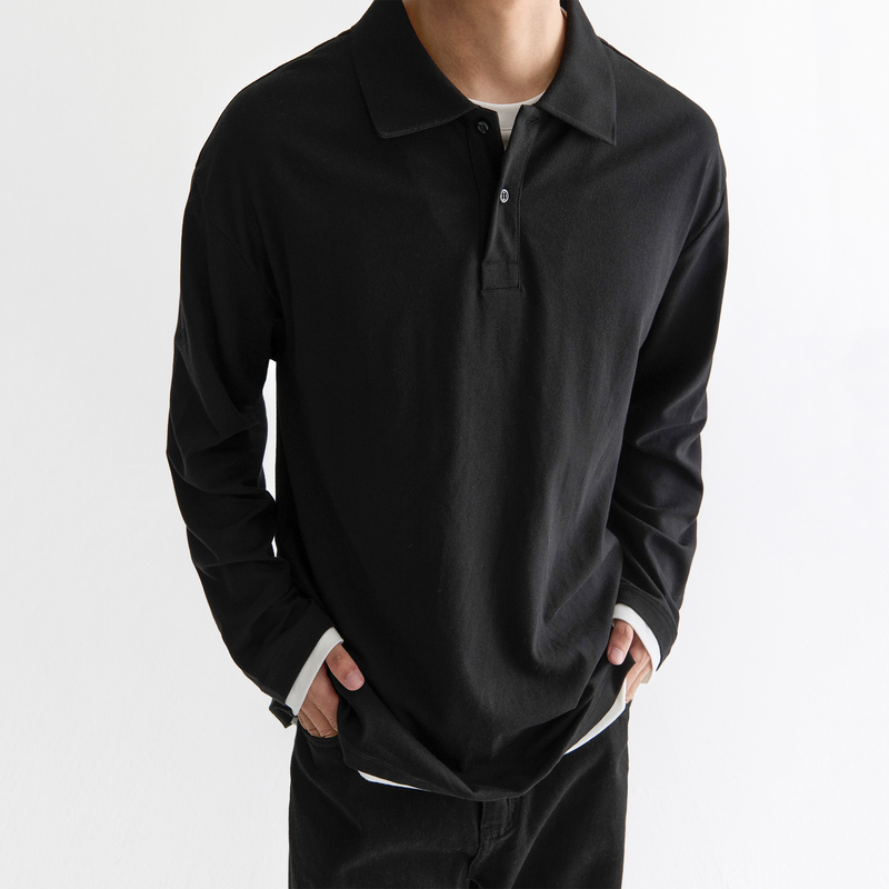 Haonanhuang Retro Preppy Style Fake Two-Piece Polo Collar Long Sleeve with Cuff and Hem Patchwork Haonanhuang Retro Preppy Style Fake Two-Piece Polo Collar Long Sleeve with Cuff and Hem Patchwork