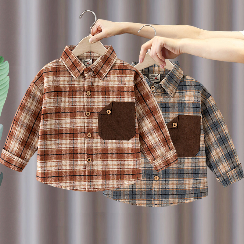 Boys' Long-Sleeved Shirt 2026 Spring and Autumn New Style Children's Baby Brushed Pure Cotton Plaid Lapel Shirt Top Trendy Boys' Long-Sleeved Shirt 2026 Spring and Autumn New Style Children's Baby Brushed Pure Cotton Plaid Lapel Shirt Top Trendy