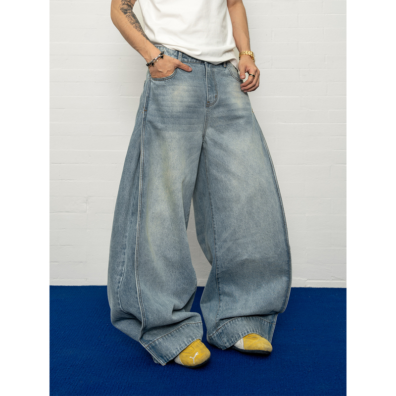 Dbw Doublewin Adjustable Hem Washed Vintage Pleated Jeans Summer Loose Versatile Wide-Leg Pants