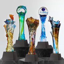 Glass trophy custom high-grade Creative Glass free lettering corporate annual meeting to commemorate the excellent staff honor