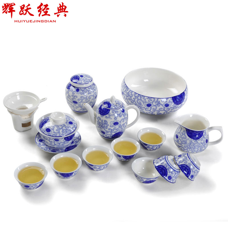 Fai jump a blue and white porcelain tea set a complete set of kung fu tea sets tea tureen sea green flowers