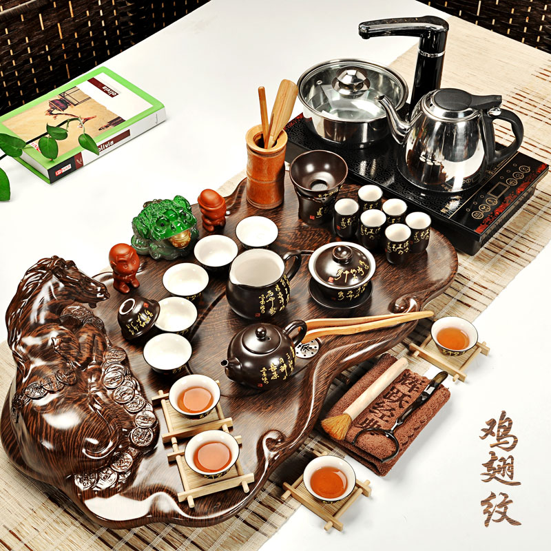 Hui, make ceramic kung fu tea set tea service of a complete set of purple sand tea set household induction cooker technology wood tea tray