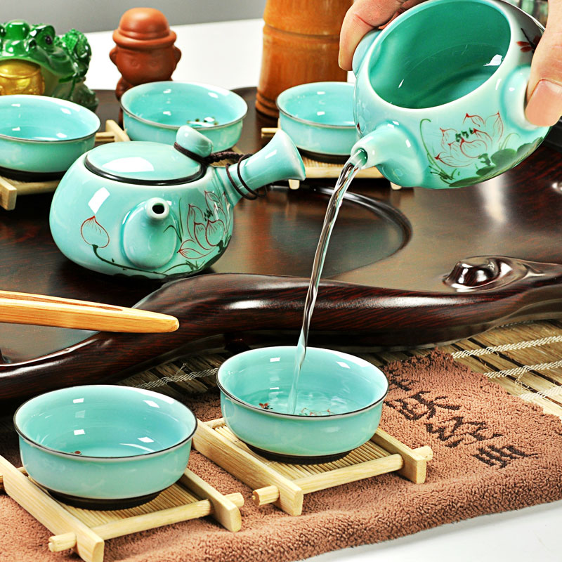 Hui, make tea sets celadon tea purple ice crack kung fu tea sets solid wood tea tray cups