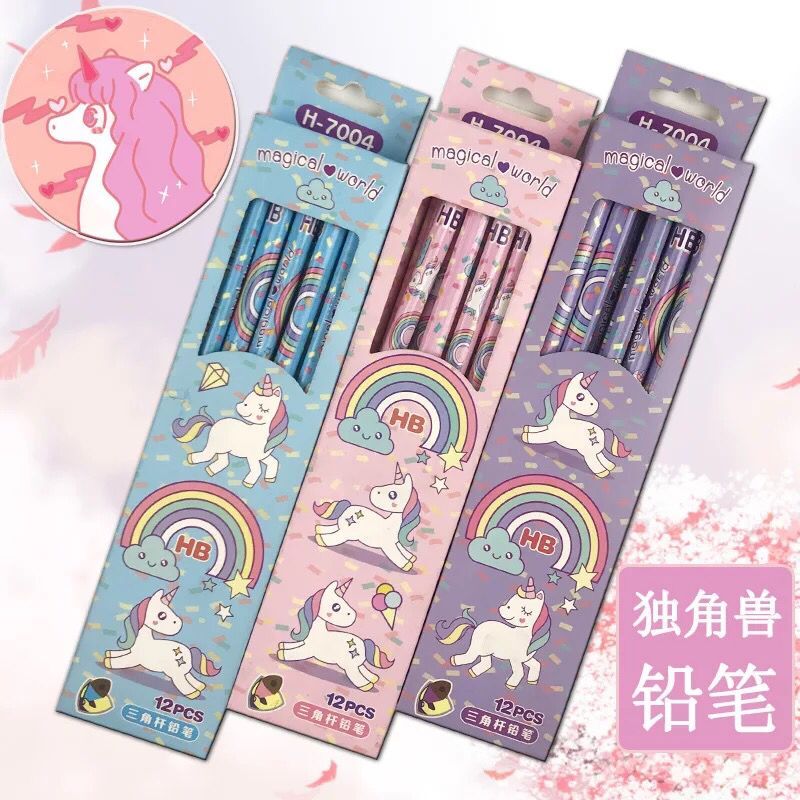 Unicorn HB pencil elementary school student ultra cute cartoon cute triangle pole with eraser 12 support box for stationery wholesale-Taobao