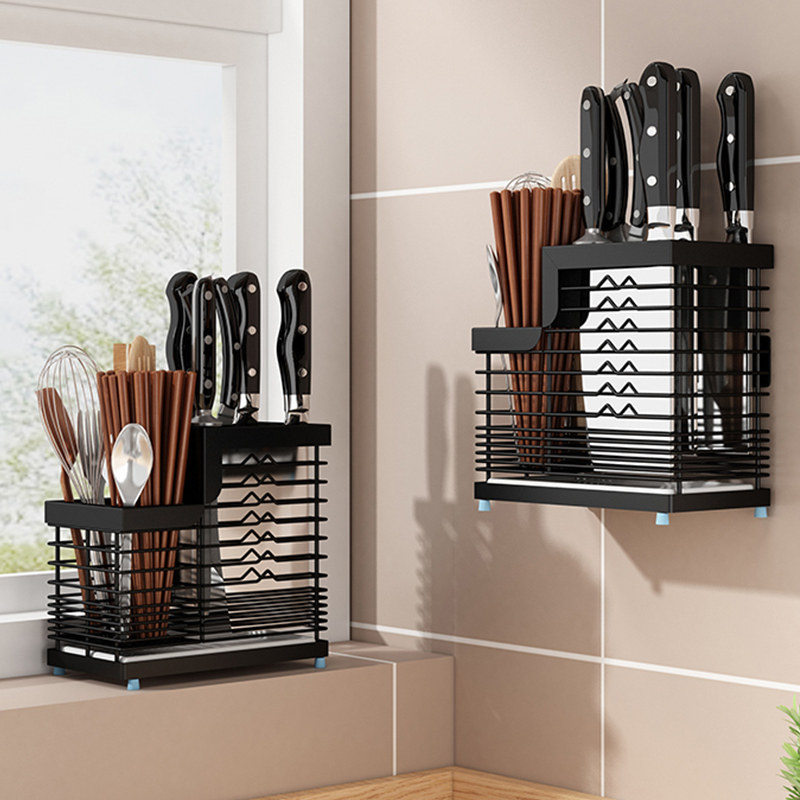 Home Black Stainless Steel Tool Holder Kitchen Wall-mounted Kitchen Knife Chopsticks Shelve Inserts Knife Holder with knives containing shelf